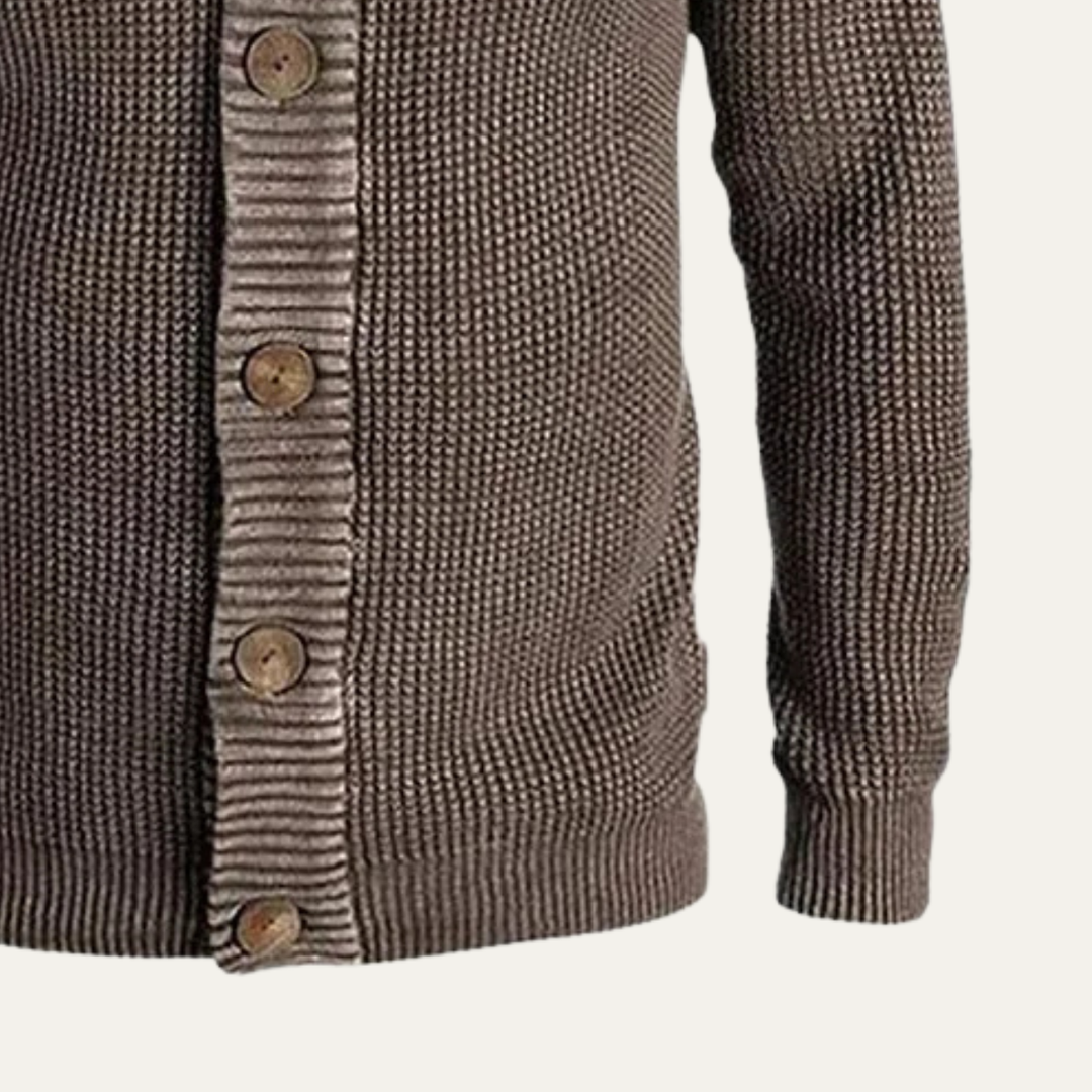 Mens Chunky Knit Cardigan with Button-Up and Stand Collar