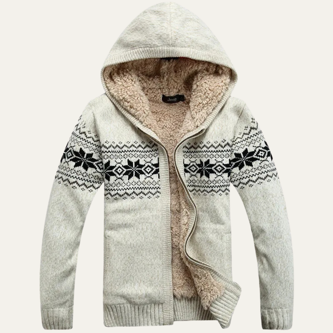 Mens Hooded Cardigan Fleece Lined Nordic Pattern - BritishMode