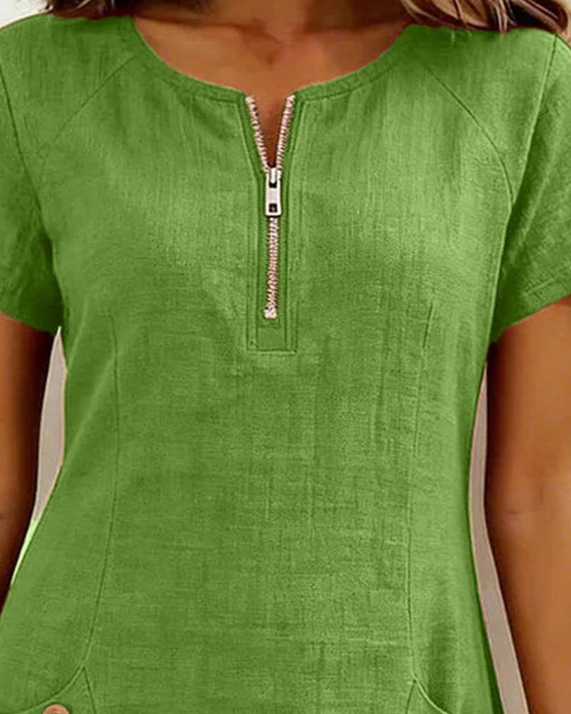 Womens Shift Dress Short Sleeve Zip Neck with Pockets