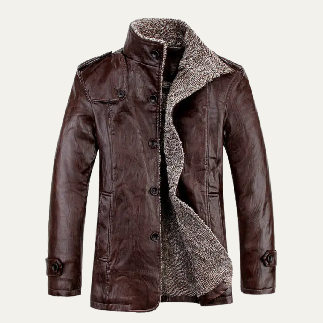 Mens Leather Jacket with Fleece Lining Stand Collar Warm