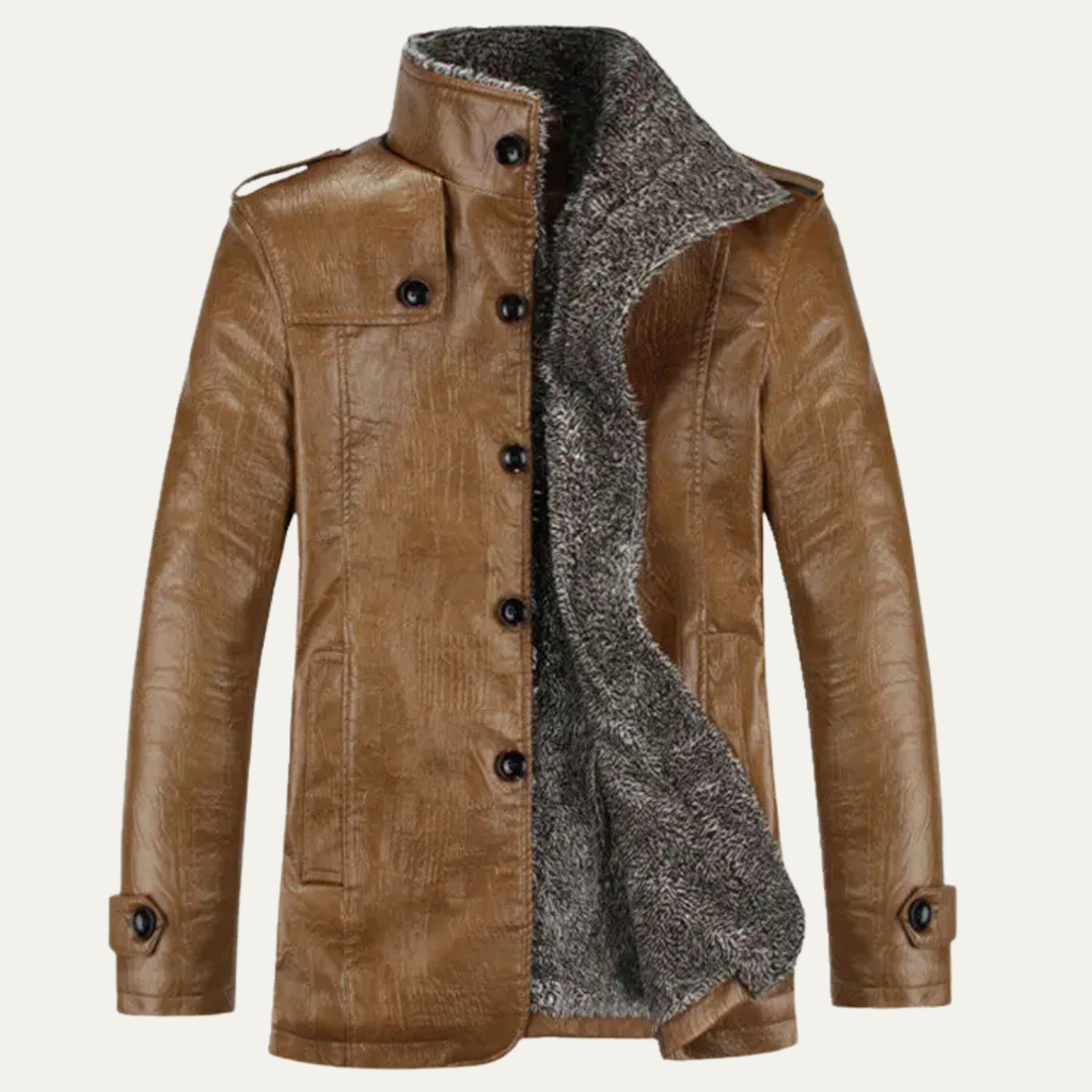 Mens Leather Jacket with Fleece Lining Stand Collar Warm - BritishMode