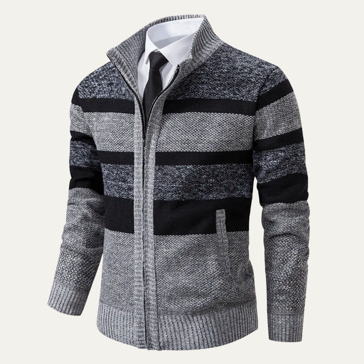 Mens Knit Zip Cardigan Warm Striped Fit