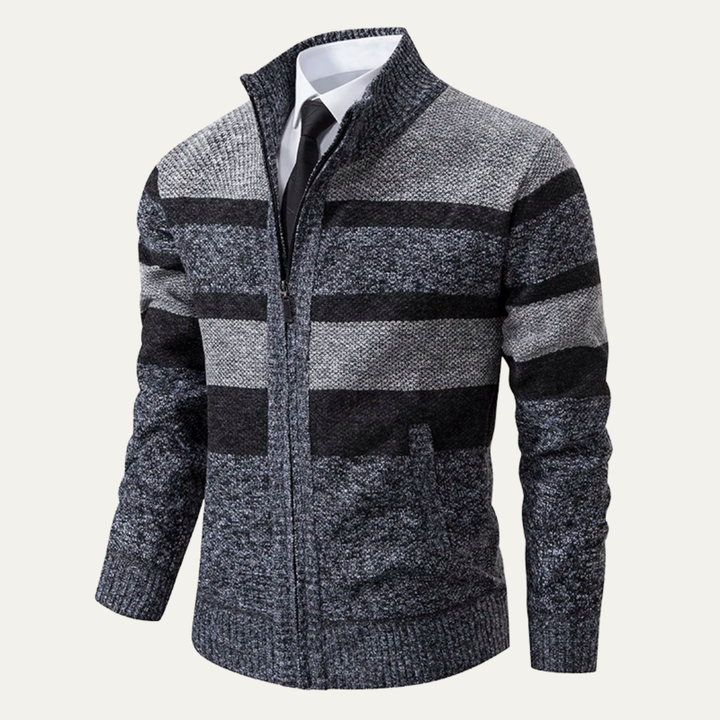 Mens Knit Zip Cardigan Warm Striped Fit - BritishMode