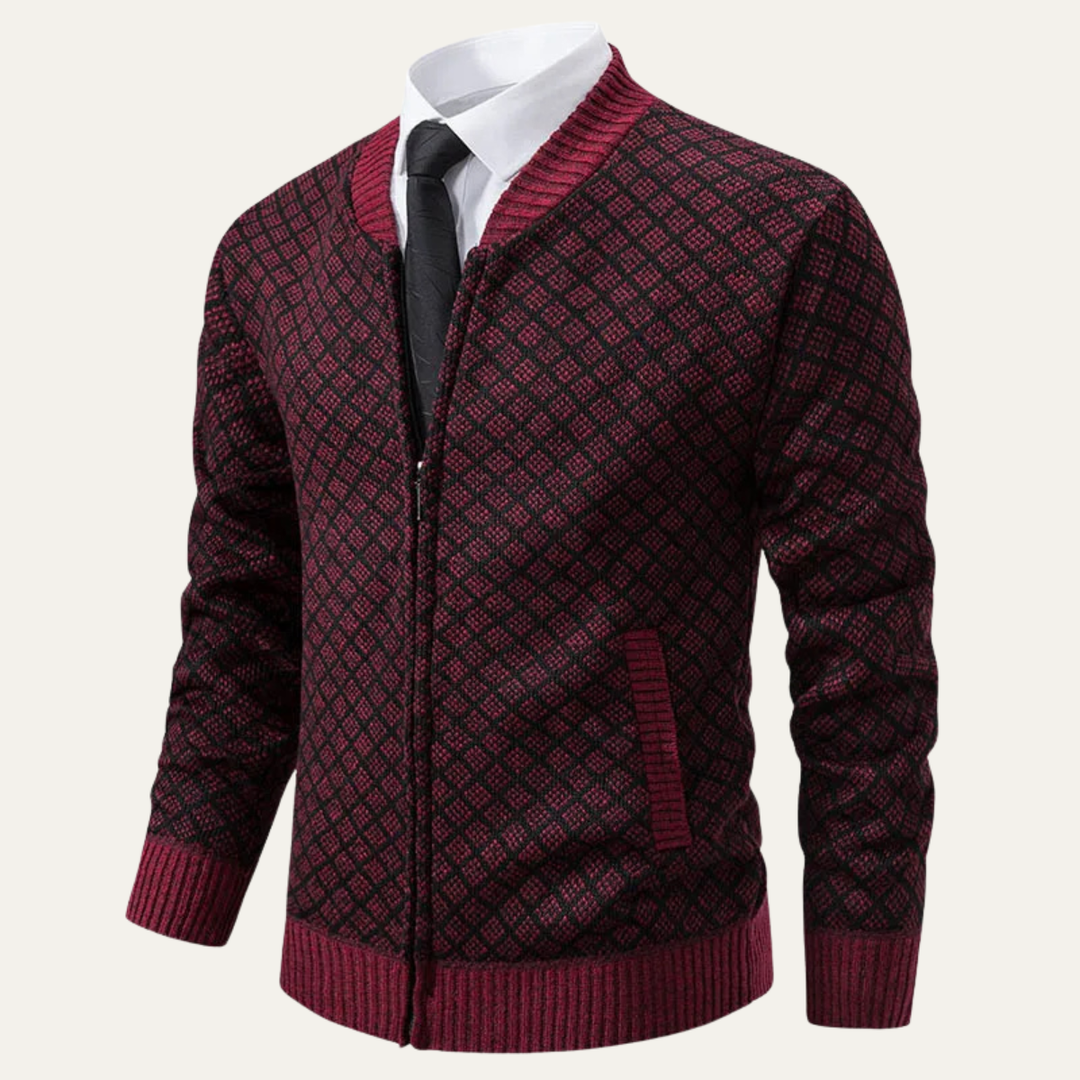 Mens Knitted Cardigan Diamond Pattern Zip-Up