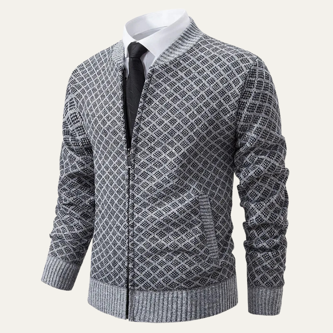 Mens Knitted Cardigan Diamond Pattern Zip-Up - BritishMode