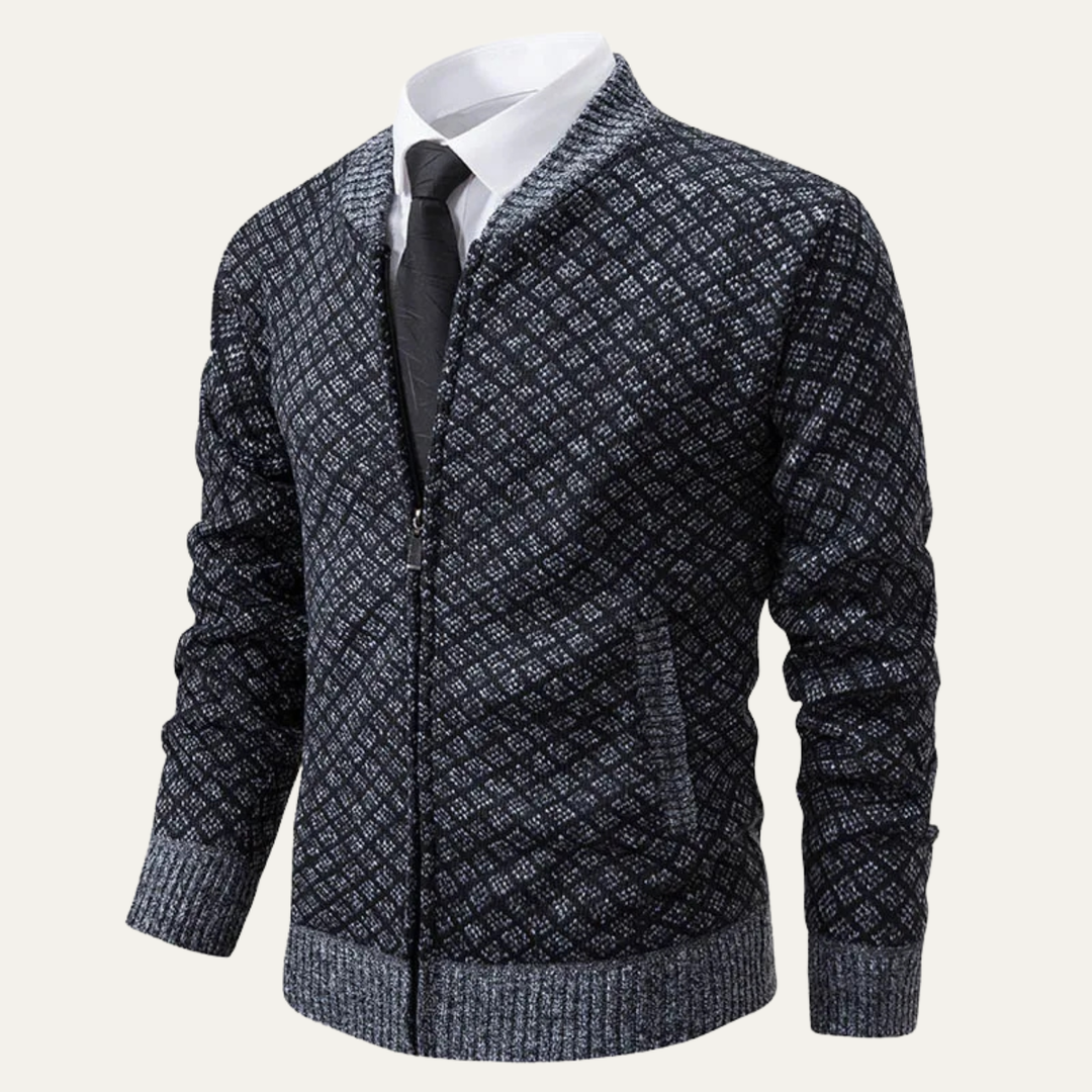Mens Knitted Cardigan Diamond Pattern Zip-Up