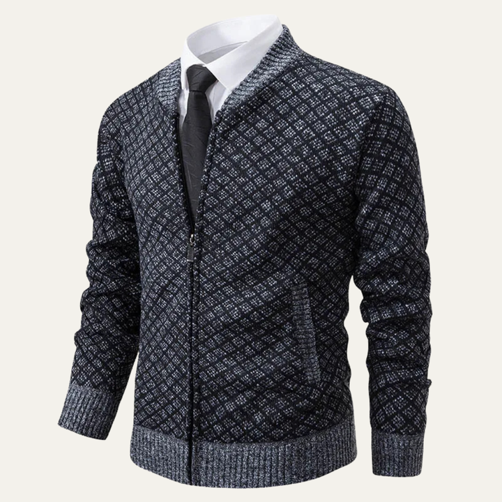 Mens Knitted Cardigan Diamond Pattern Zip-Up