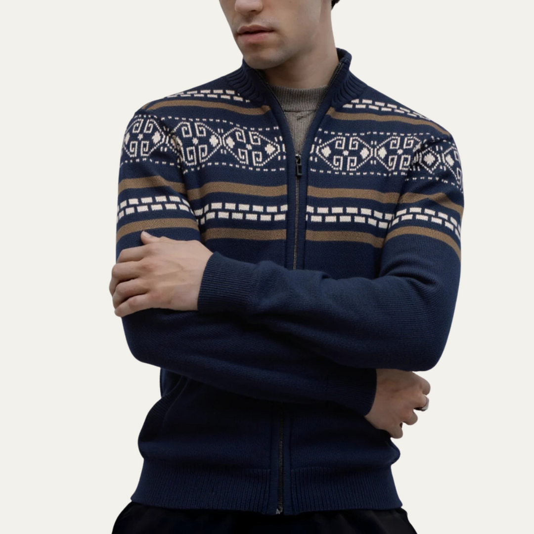 Mens Knit Zip-Up Cardigan Patterned Warm Fit