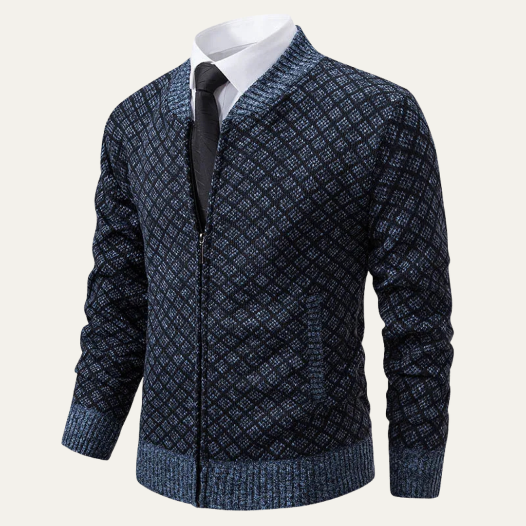 Mens Knitted Cardigan Diamond Pattern Zip-Up