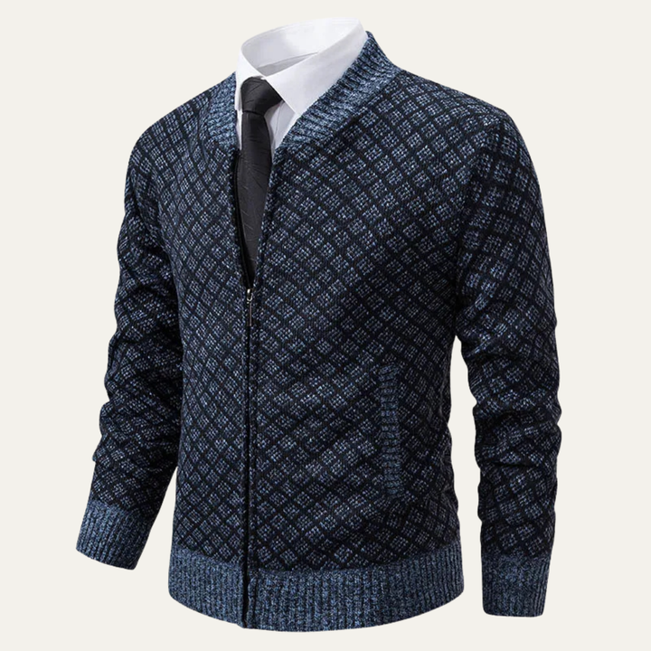 Mens Knitted Cardigan Diamond Pattern Zip-Up