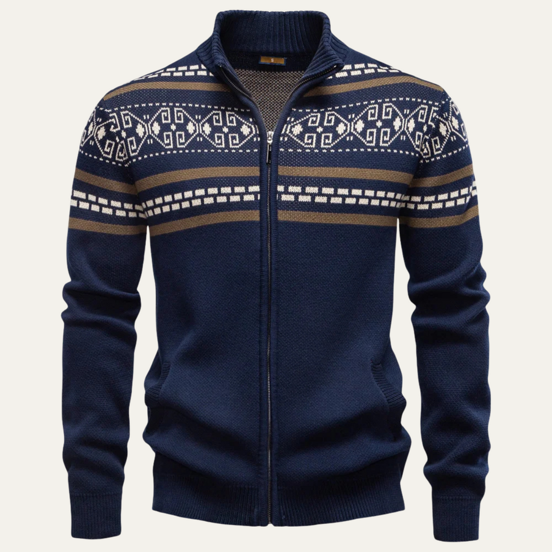 Mens Knit Zip-Up Cardigan Patterned Warm Fit - BritishMode
