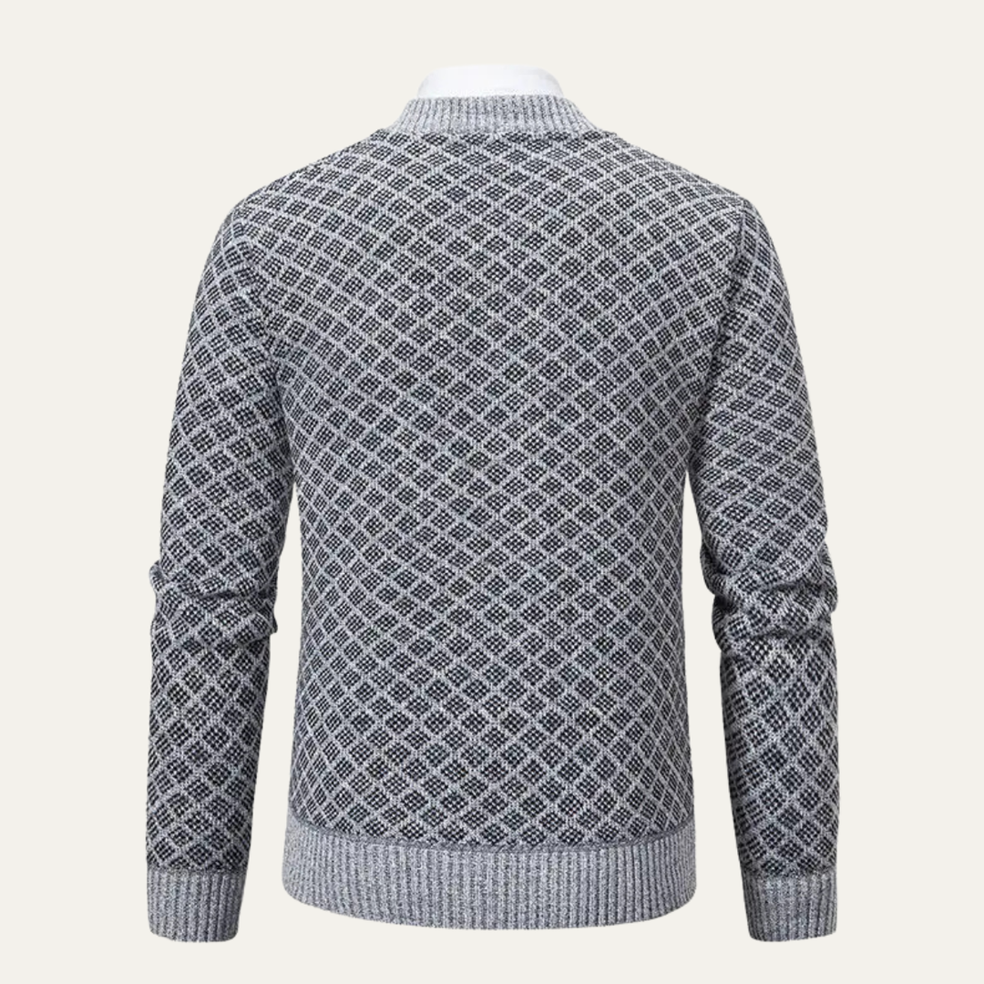 Mens Knitted Cardigan Diamond Pattern Zip-Up