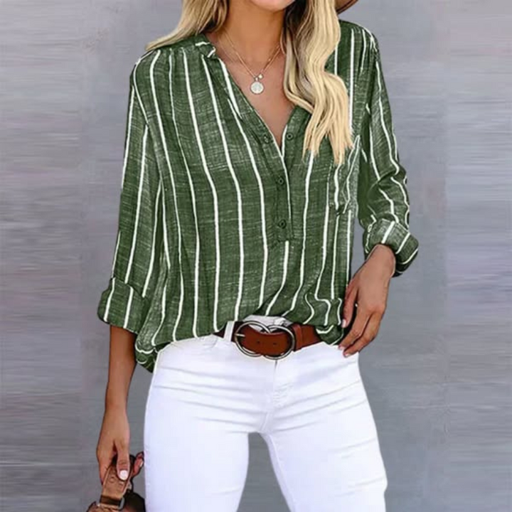 Womens V-Neck Button-Front Shirt Long Sleeve Relaxed Fit