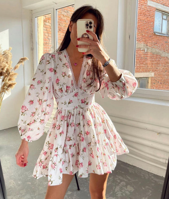 Womens Summer Dress Floral V-Neck Ruffle Detail - BritishMode