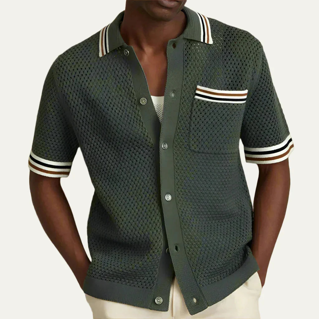 Mens Polo Shirt Open Weave Knit Button Front - BritishMode