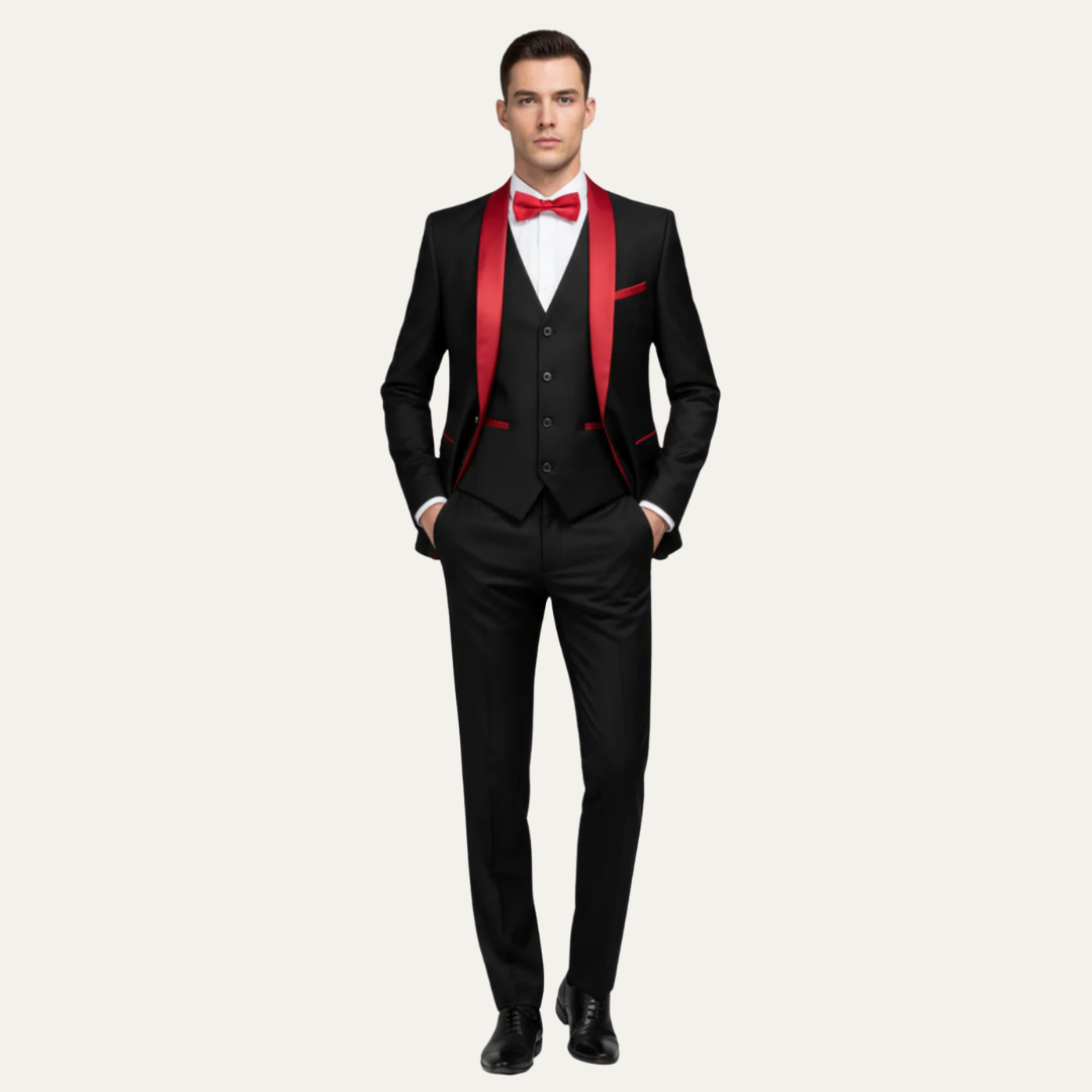 Mens Three-Piece Tuxedo Suit Satin Lapel Tailored Fit