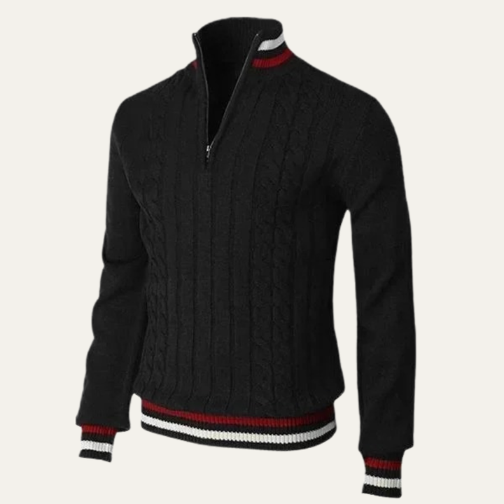 Mens Cable Knit Quarter Zip Sweater Contrast Trim Regular Fit