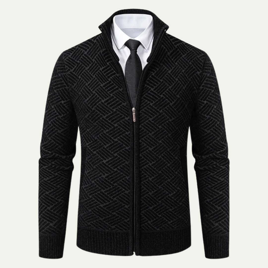 Mens Knit Jacket Diamond Pattern Stand Collar Elegant Fit