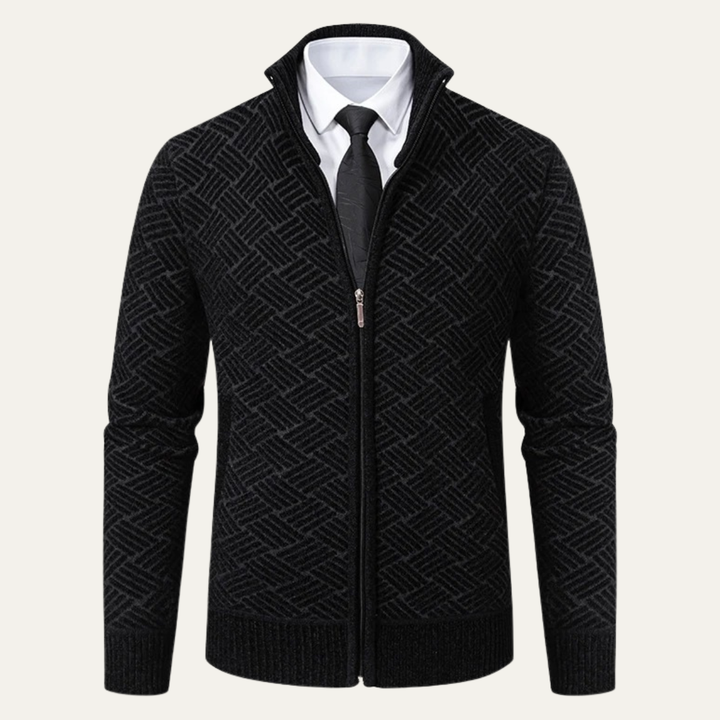 Mens Knit Jacket Diamond Pattern Stand Collar Elegant Fit