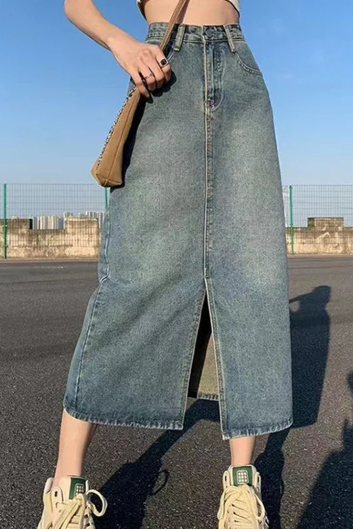 Womens Denim Maxi Skirt High Waist A-Line Front Split