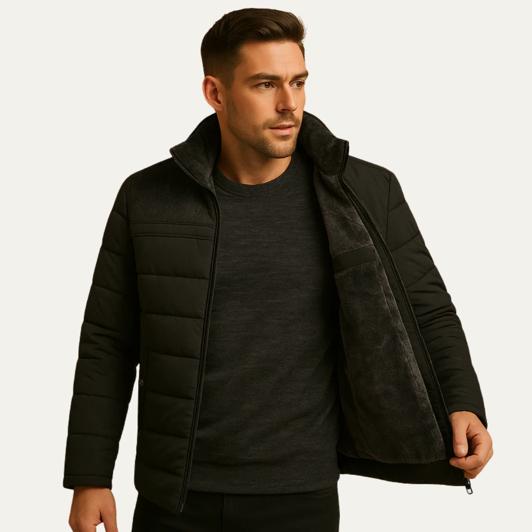 Mens Quilted Puffer Jacket Zip Front Textured Shoulders