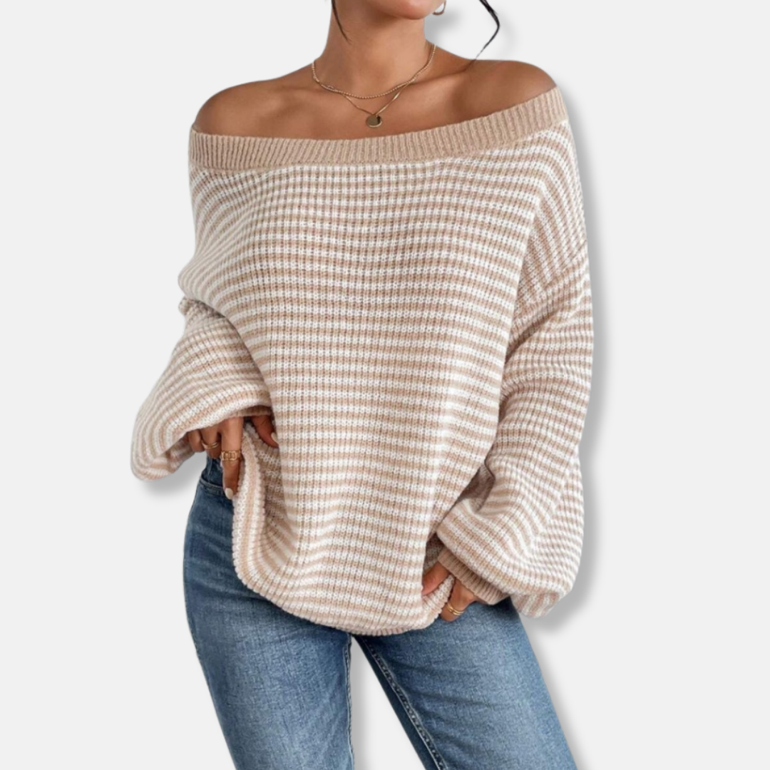 Womens Knitted Sweatshirt Textured Stripe Relaxed Fit Boat Neck