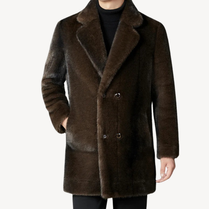 Mens Double-Breasted Overcoat with Faux Fur Collar - BritishMode