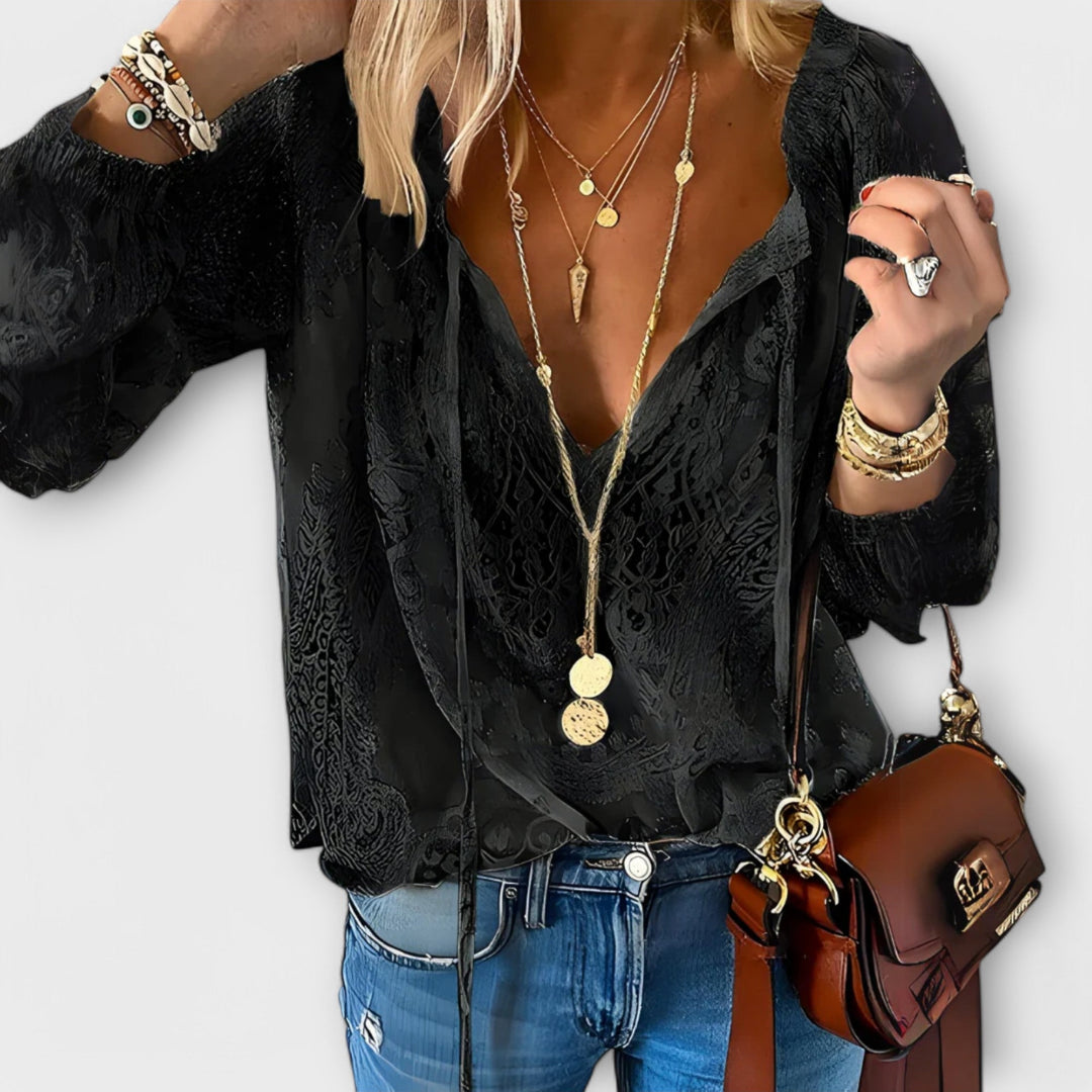 Womens Peasant Top V-Neck Long Sleeve Casual