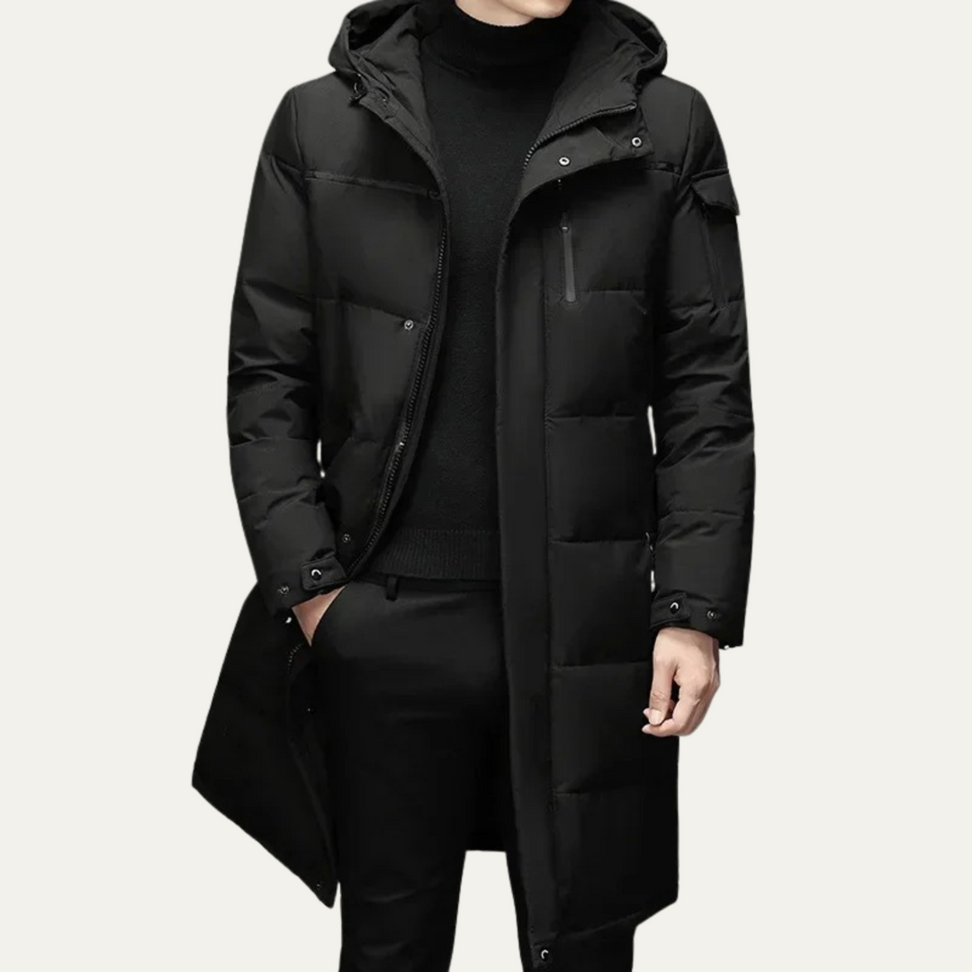 Mens Quilted Puffer Coat Long Fit with Hood - BritishMode