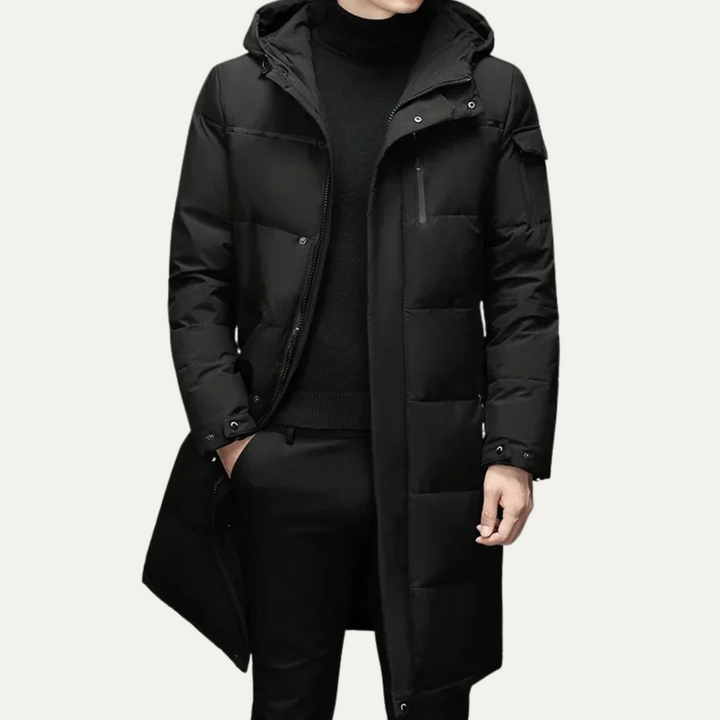 Mens Quilted Puffer Coat Long Fit with Hood - BritishMode