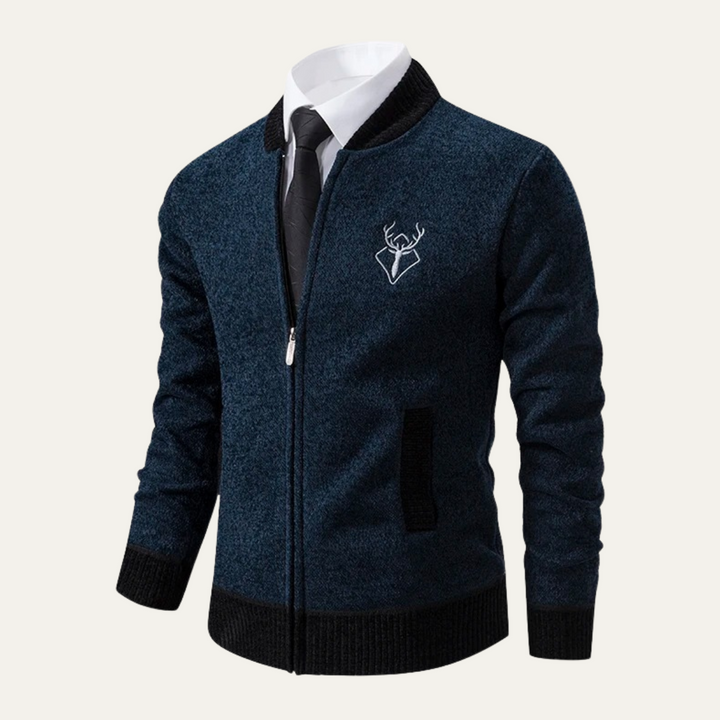 Mens Knit Zip Cardigan Embroidered Smart Fit