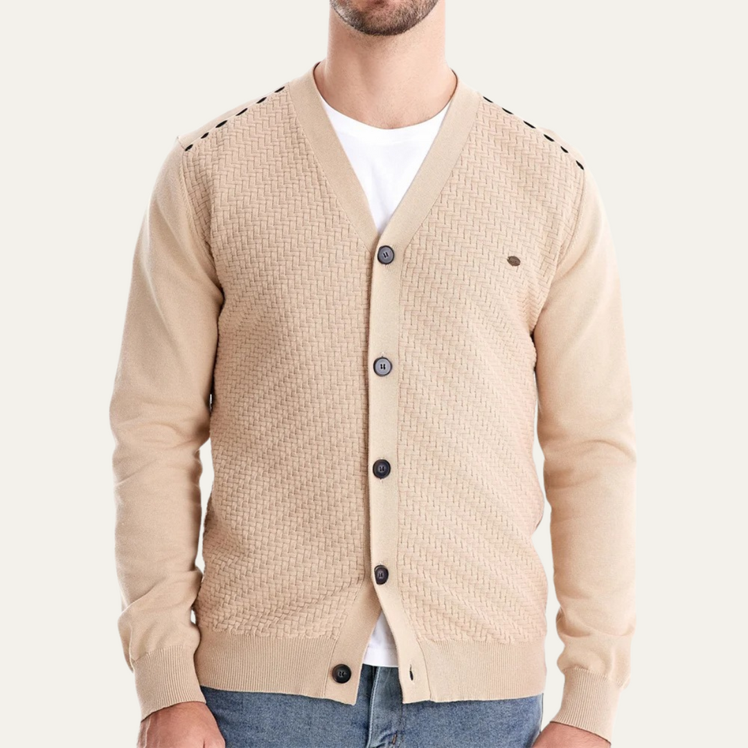 Mens Basketweave Knit Cardigan V-Neck Button Front
