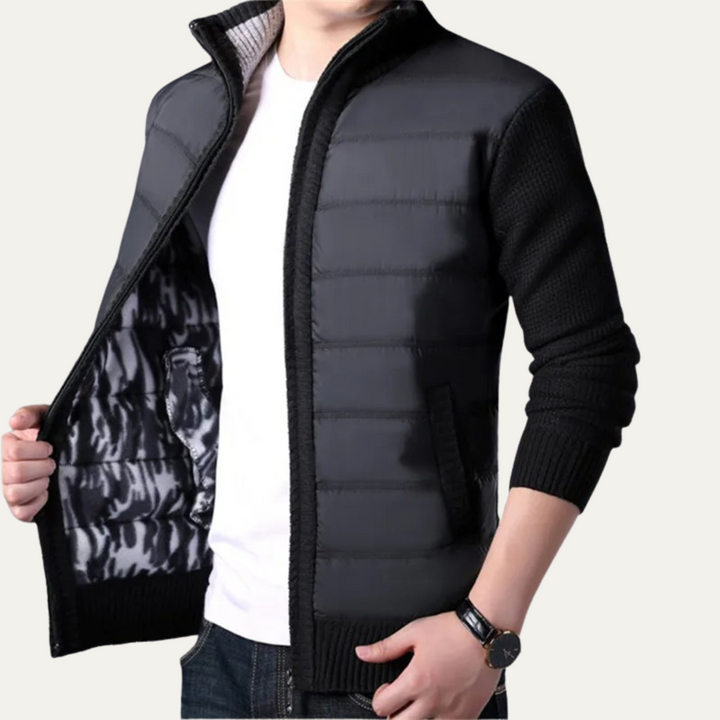 Mens Puffer Jacket Knit Sleeves Zip-Up Winter
