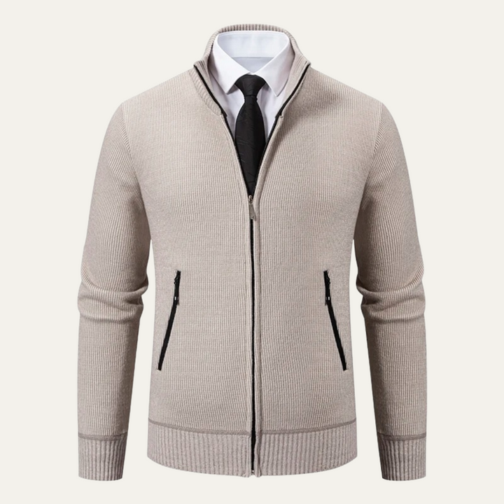 Mens Fleece Knit Zip Cardigan with Pockets Elegant Fit