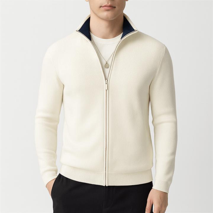 Men’s Full Zip Knit Cardigan with Contrast Collar Lining - BritishMode