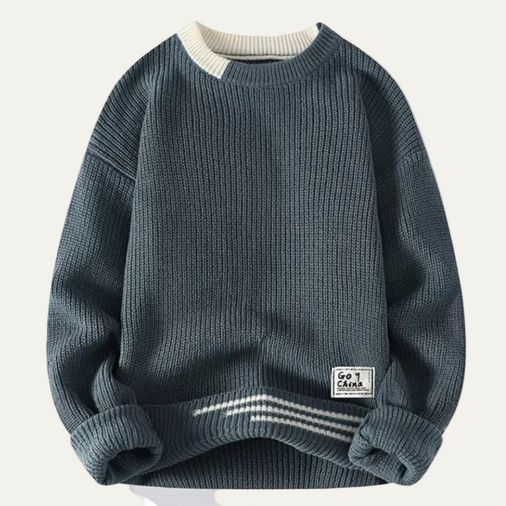 Mens Ribbed Knit Sweater with Stripe Trim