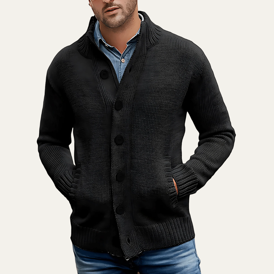 Mens Button Cardigan Chunky Knit Mock Neck - BritishMode