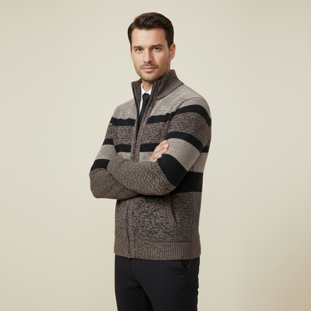 Mens Knit Zip Cardigan Striped Winter Style