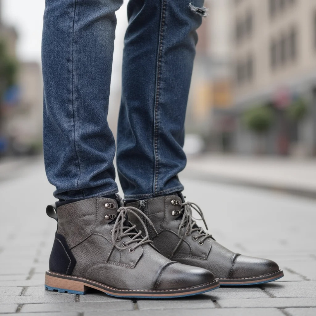 Mens Casual Leather Ankle Boots Lace-Up