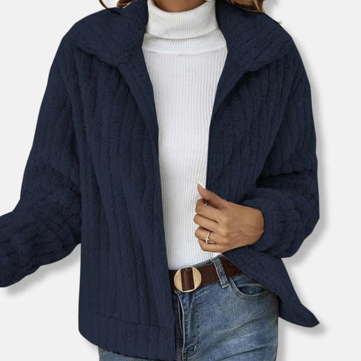Womens Ribbed Teddy Bomber Jacket Cropped Relaxed Fit