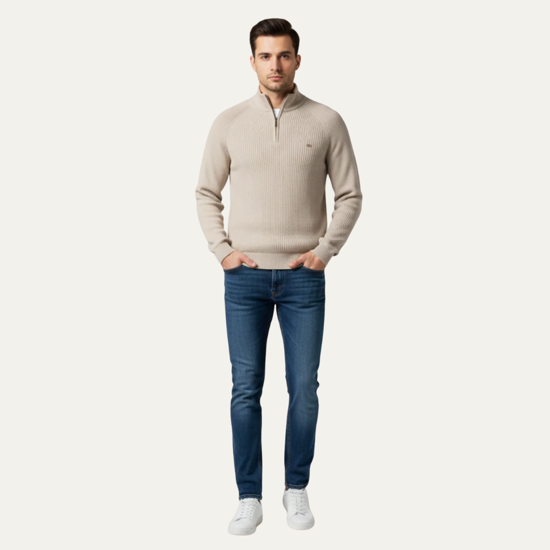 Mens Ribbed Sweater Heavy Knit Quarter Zip Mock Neck