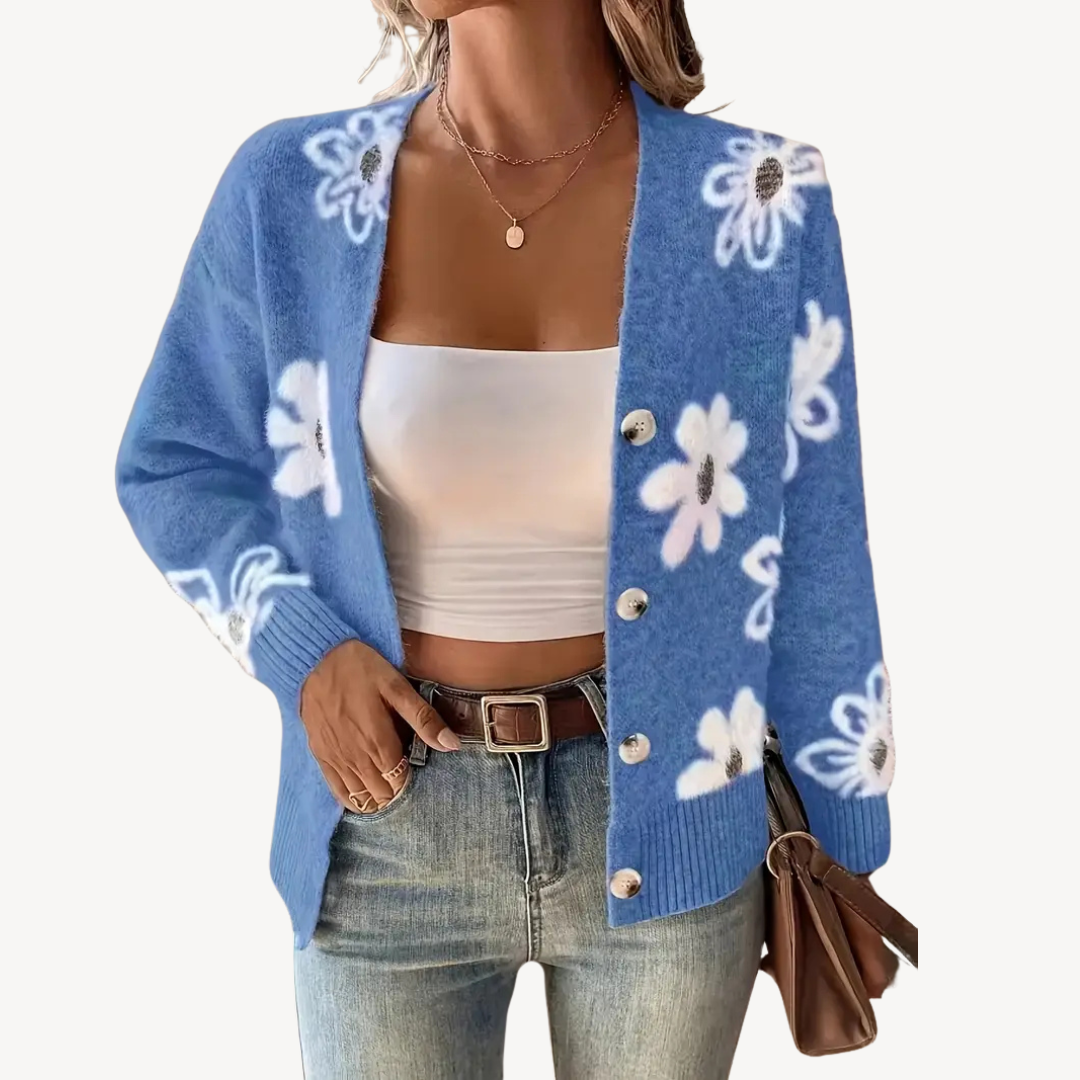 Womens Knit Cardigan Sweater Floral Print - BritishMode