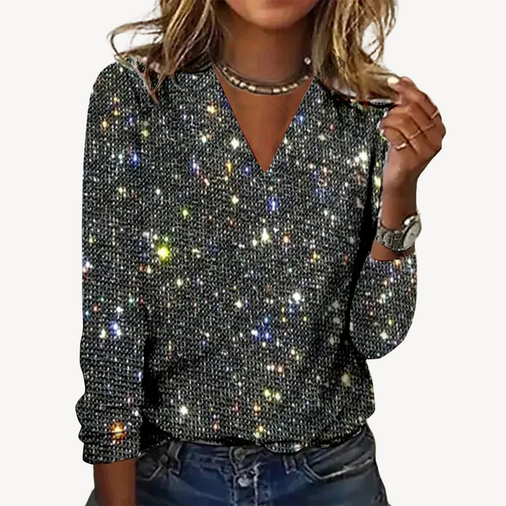 Womens Long Sleeve Top with Sequin and V-Neck