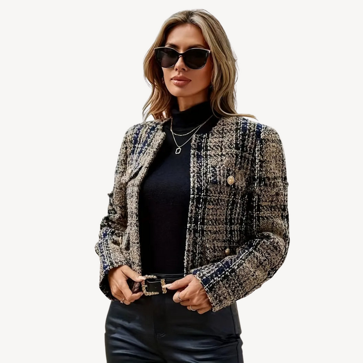 Womens Tweed Blazer Checkered Pattern Classic Fit