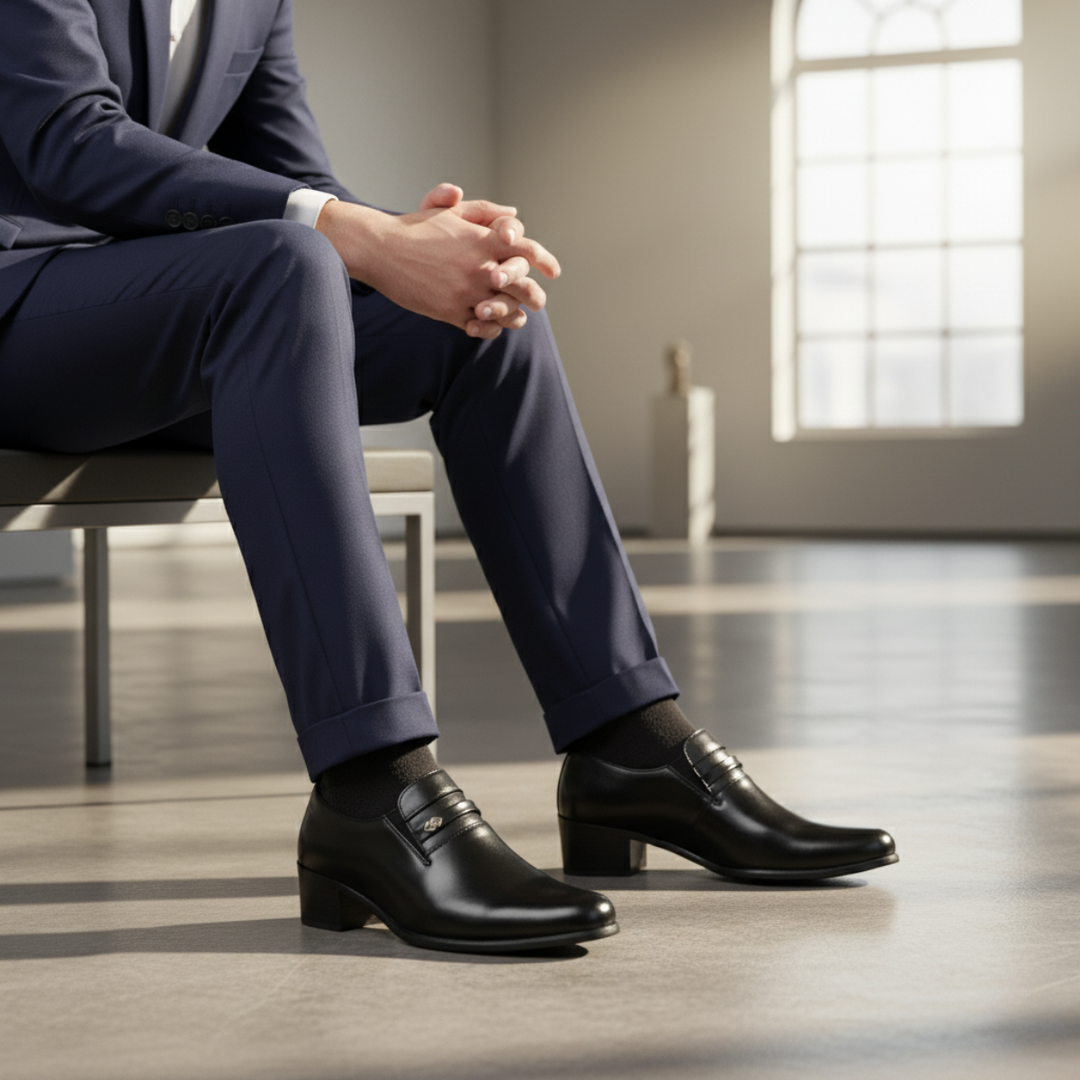 Mens Leather Dress Shoes Slip-On Cuban Heel Loafers
