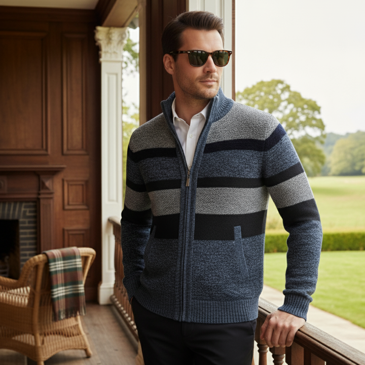 Mens Knit Zip Cardigan Striped Winter Style