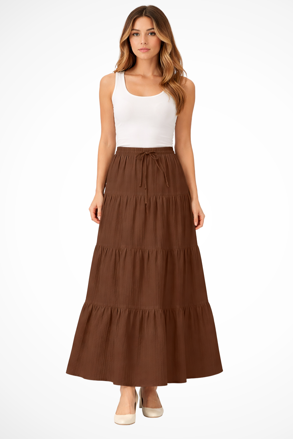 Womens Maxi Skirt Elastic Waist Drawstring Tiered Boho Style