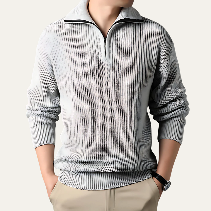 Mens Ribbed Quarter-Zip Sweater Turn-Down Collar - BritishMode
