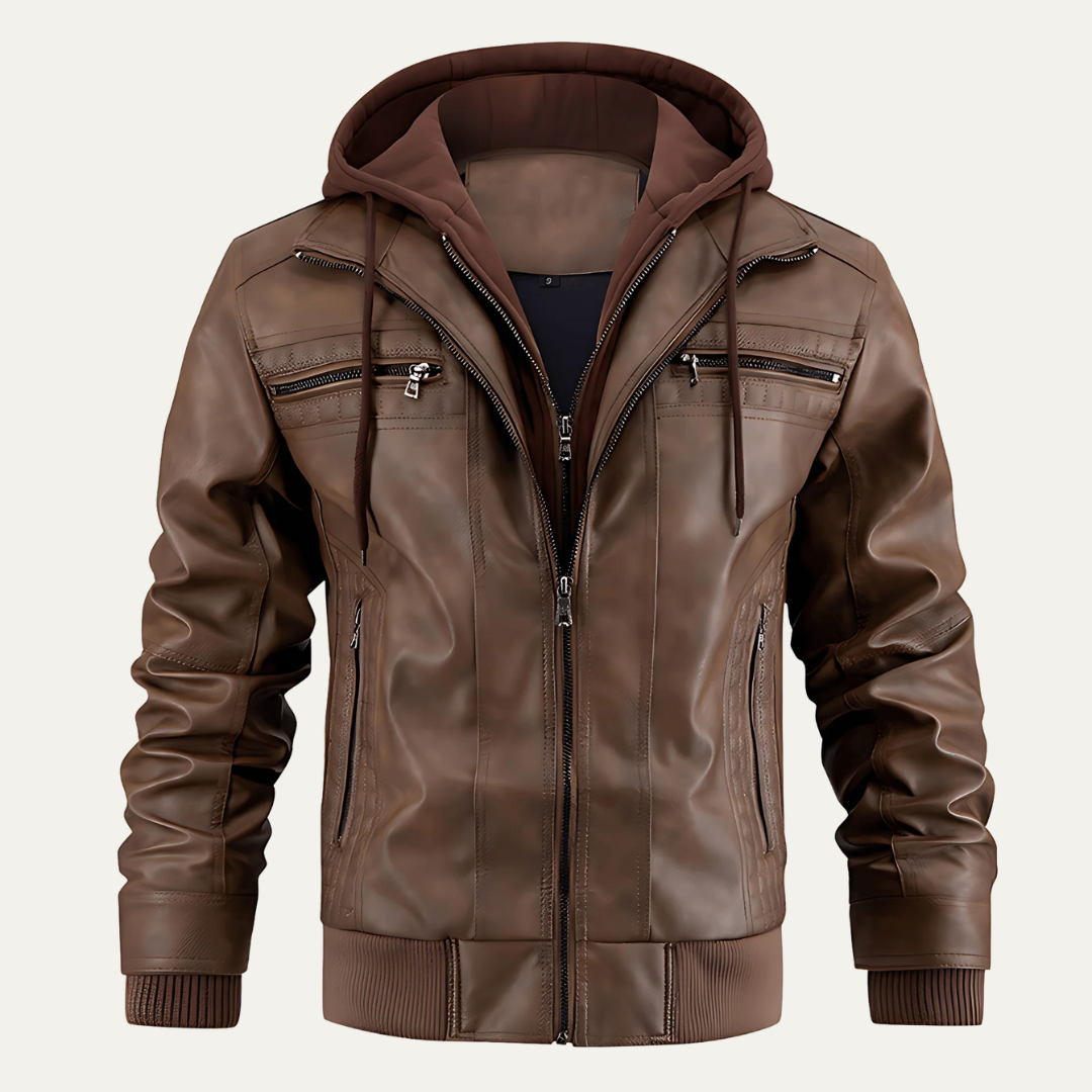 Mens Faux Leather Moto Jacket Layered Style with Hood - BritishMode