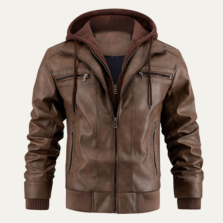 Mens Faux Leather Moto Jacket Layered Style with Hood - BritishMode